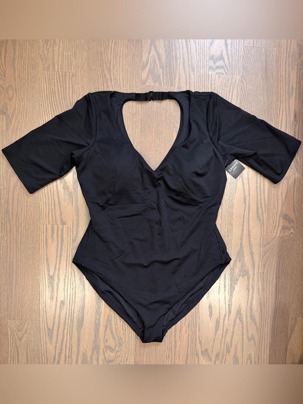 SPANX Pique Shaping Very Black One-Piece Swimsuit with V-Neck & Short Sleeves